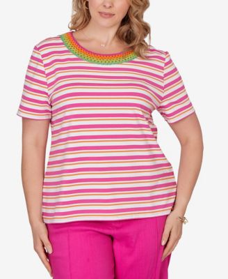 Plus Size Crochet Neck Stripe Knit Top