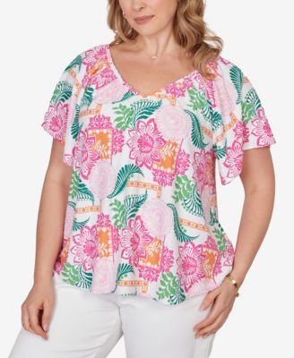Plus Size Tropical Floral Eyelet Flutter Sleeve Top