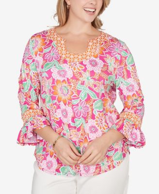 Plus Size Floral Puff Print Ruffle Sleeve Knit Top