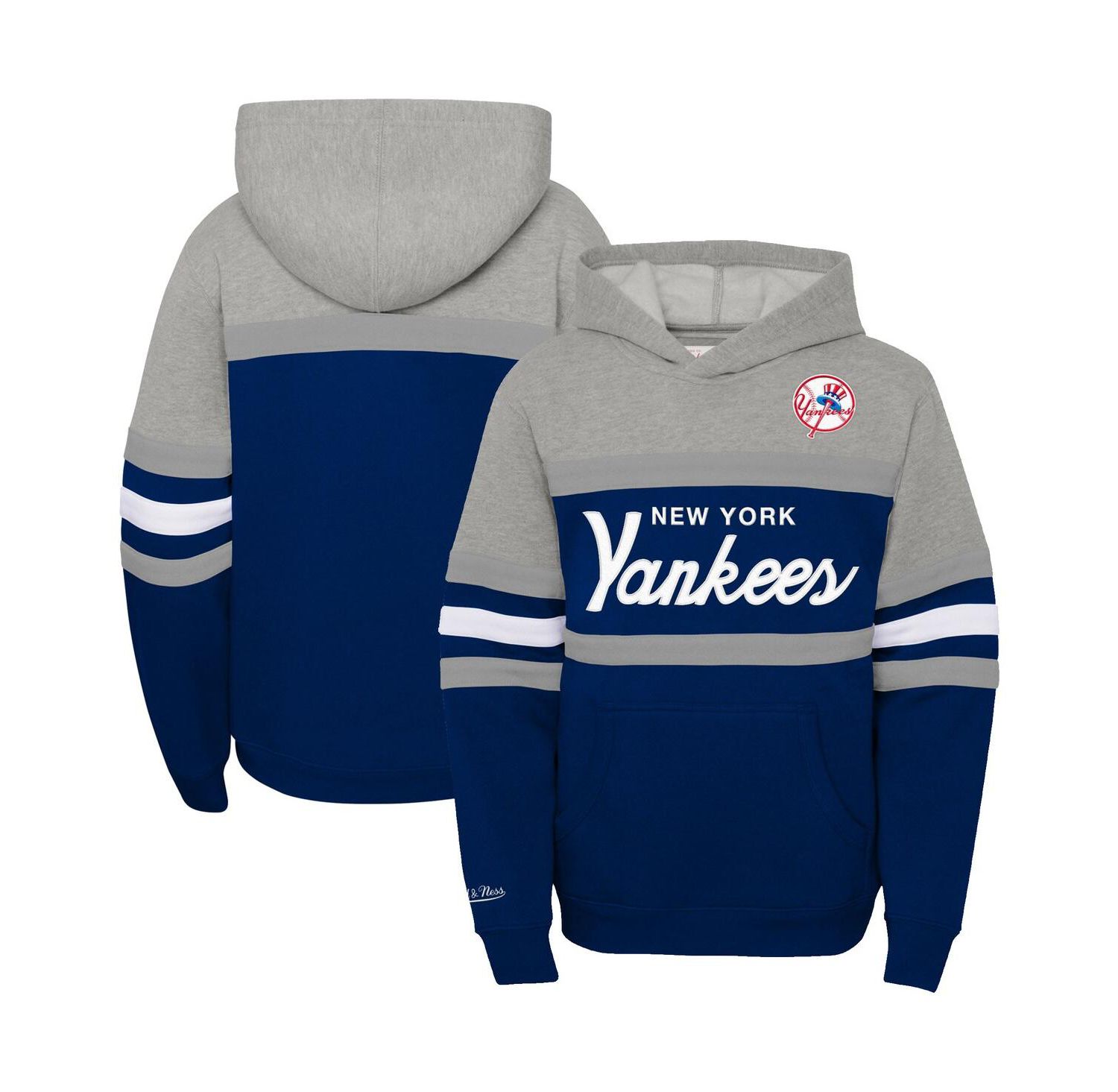 Big Boys and Girls Heather Gray/Navy New York Yankees Cooperstown Collection Head Coach Pullover Hoodie