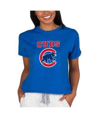 Women's Royal Chicago Cubs Tri-Blend Mainstream Terry Short Sleeve Sweatshirt Top