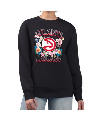 Women's Black Atlanta Hawks Flowers Team Logo Graphic Fleece Crewneck Pullover Sweatshirt