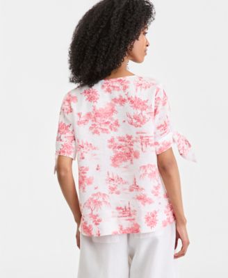 Women's 100% Linen Split-Neck Tie-Cuff Top