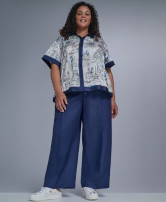 Plus Size Printed Collared Camp Shirt