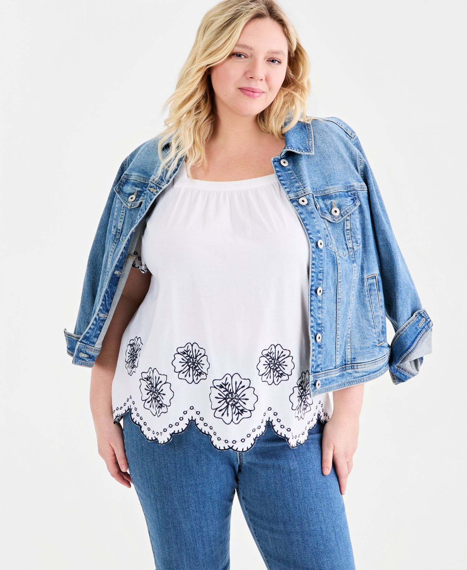 Plus Size Scallop Embroidered-Trim Square-Neck Top