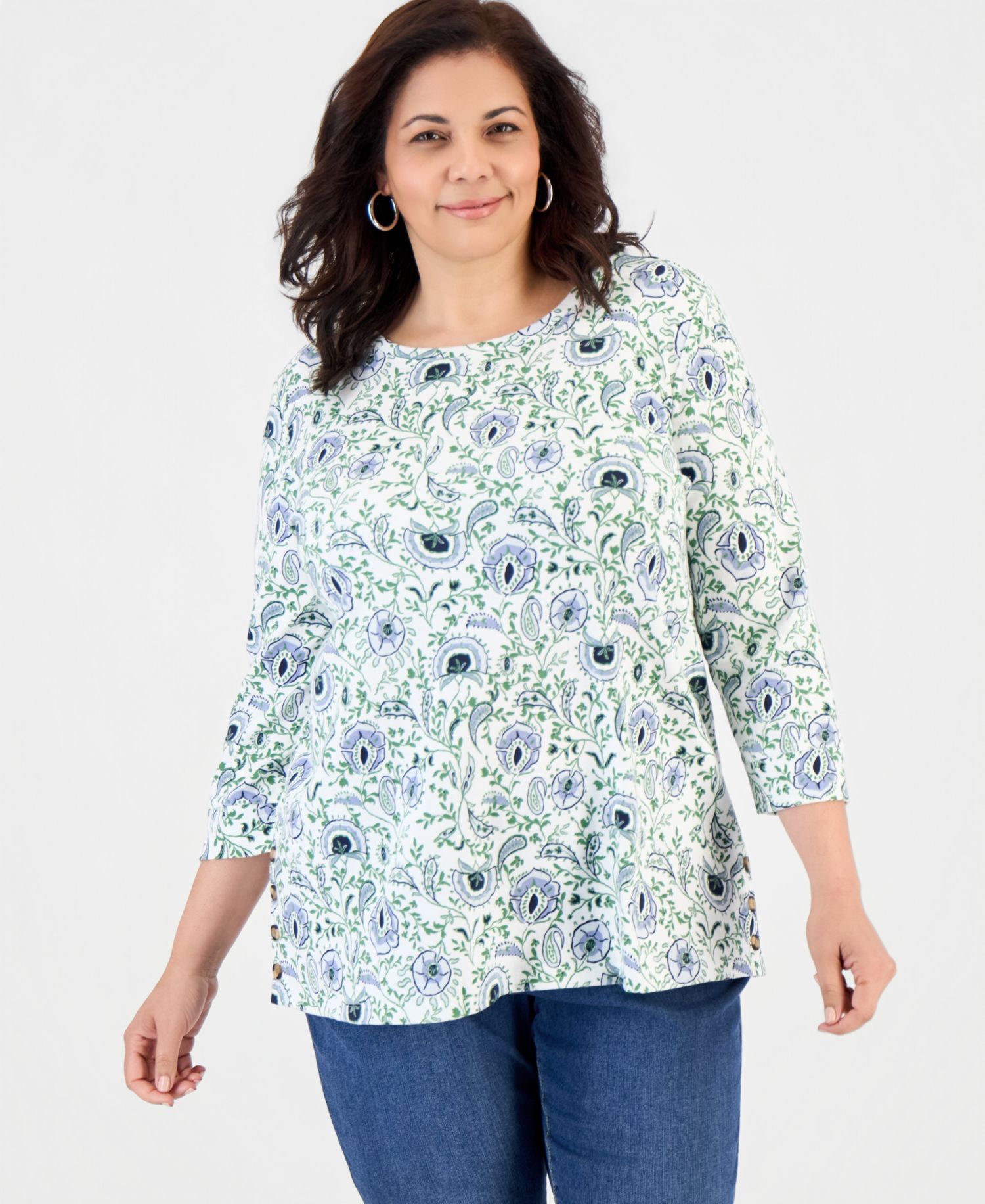 Plus Size Printed Button-Hem 3/4-Sleeve Tunic