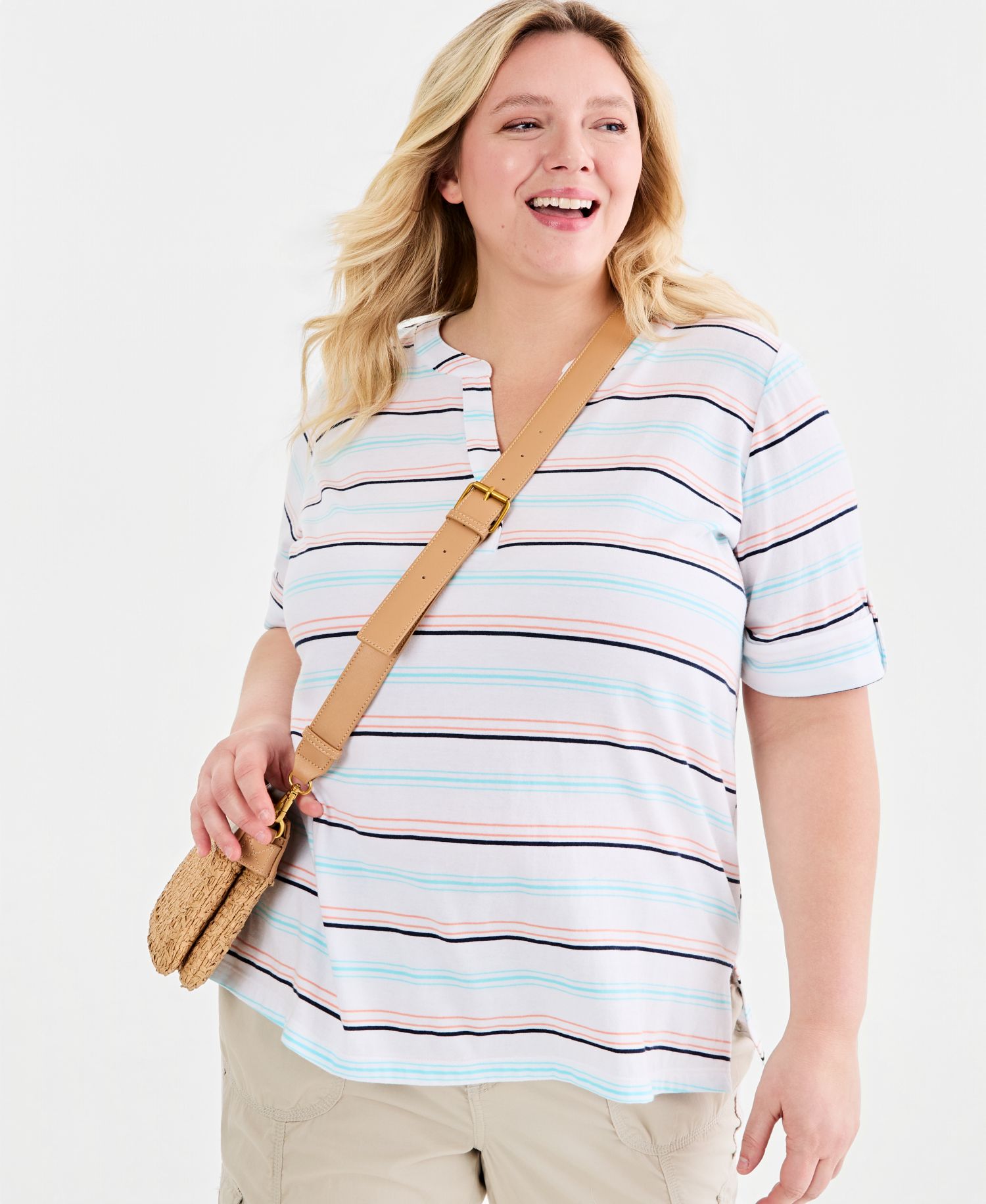 Plus Size Printed Roll-Tab Split-Neck Elbow-Sleeve Tunic