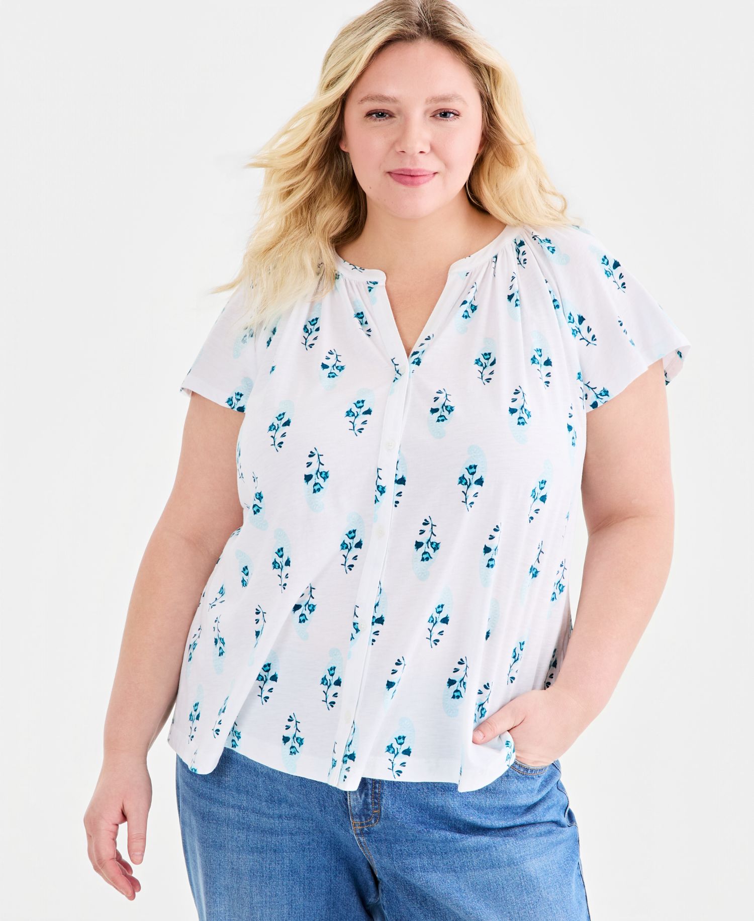 Plus Size Printed Button-Front Flutter-Sleeve Top