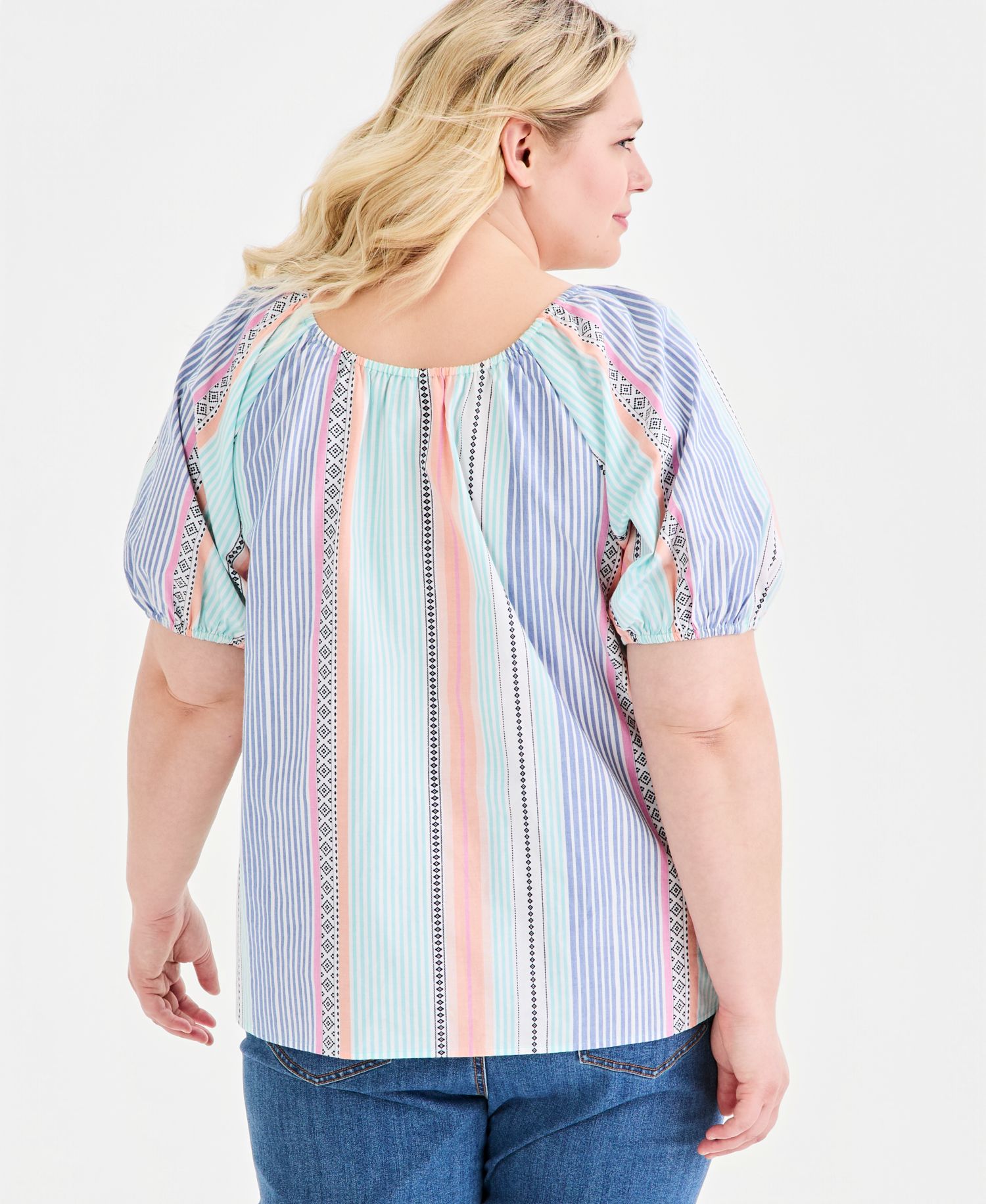 Plus Size Cotton Button-Front Puff-Sleeve Top