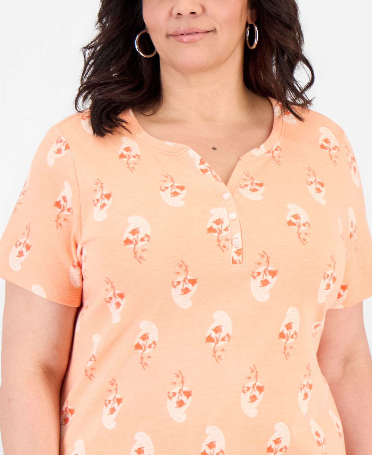 Petite Floral-Print Short-Sleeve Henley Knit Top