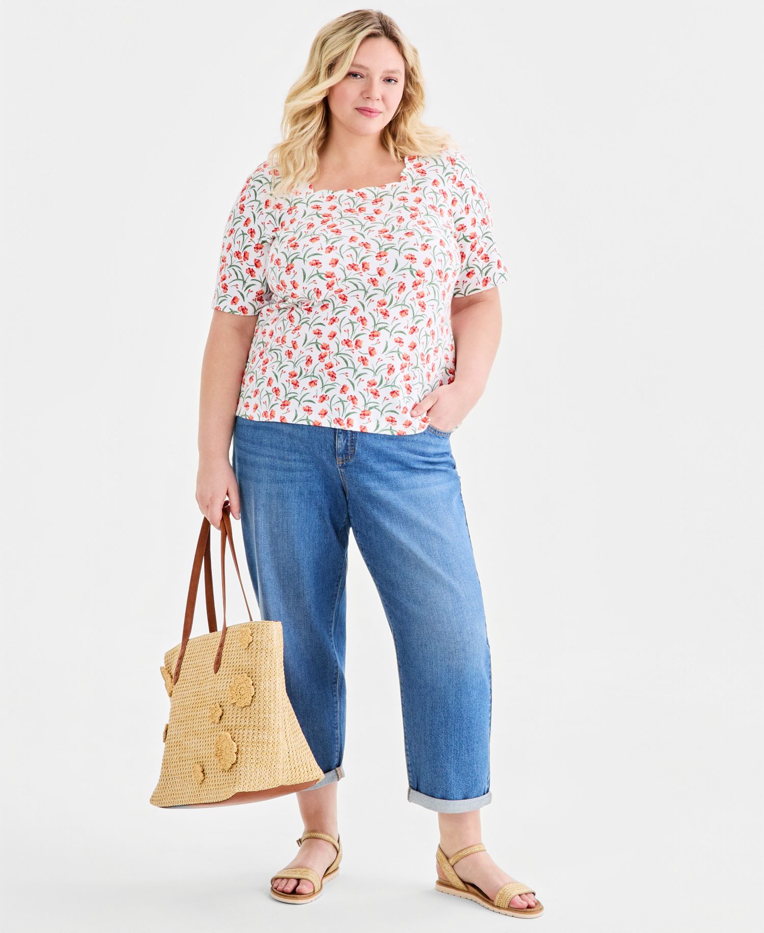 Plus Size Printed Scalloped Square-Neck Top