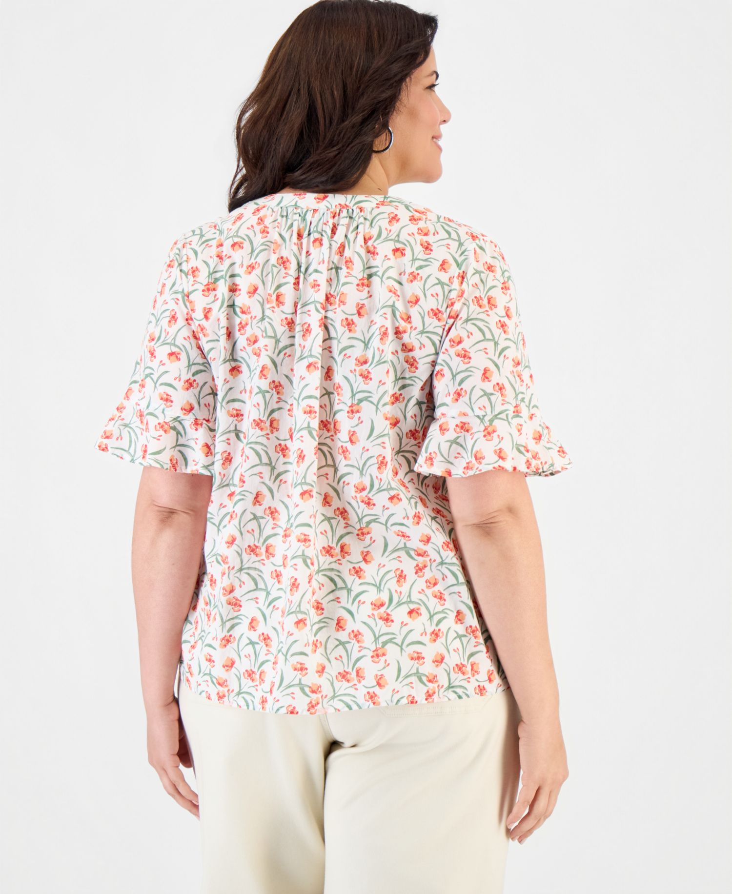 Petite Printed Cotton Split-Neck Popover Top
