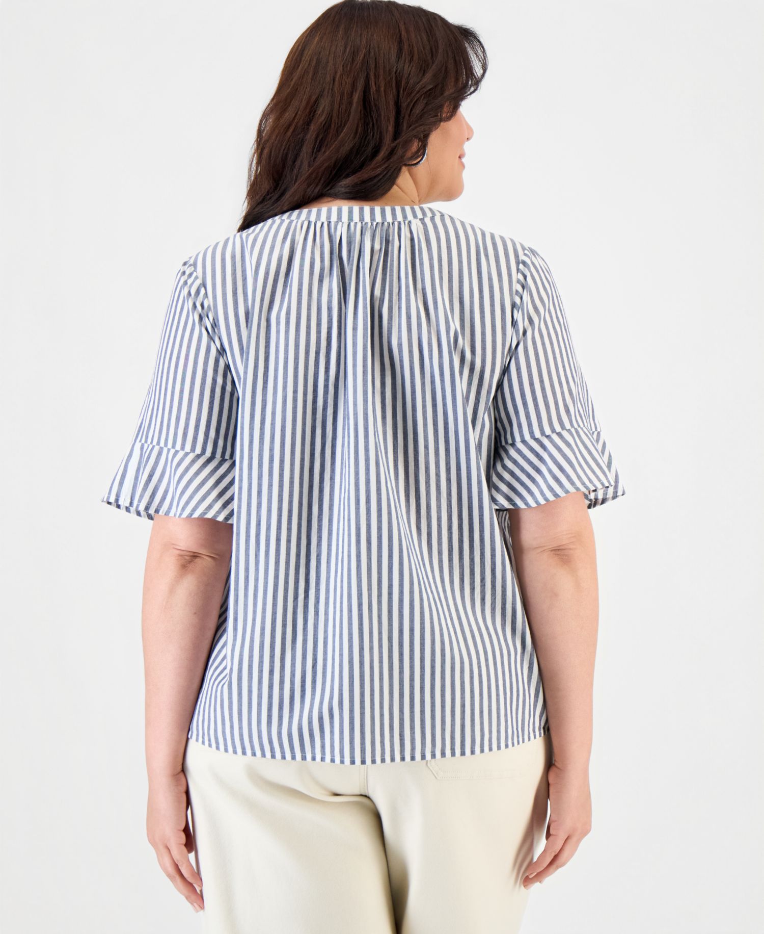 Plus Size Striped Cotton Split-Neck Popover Top