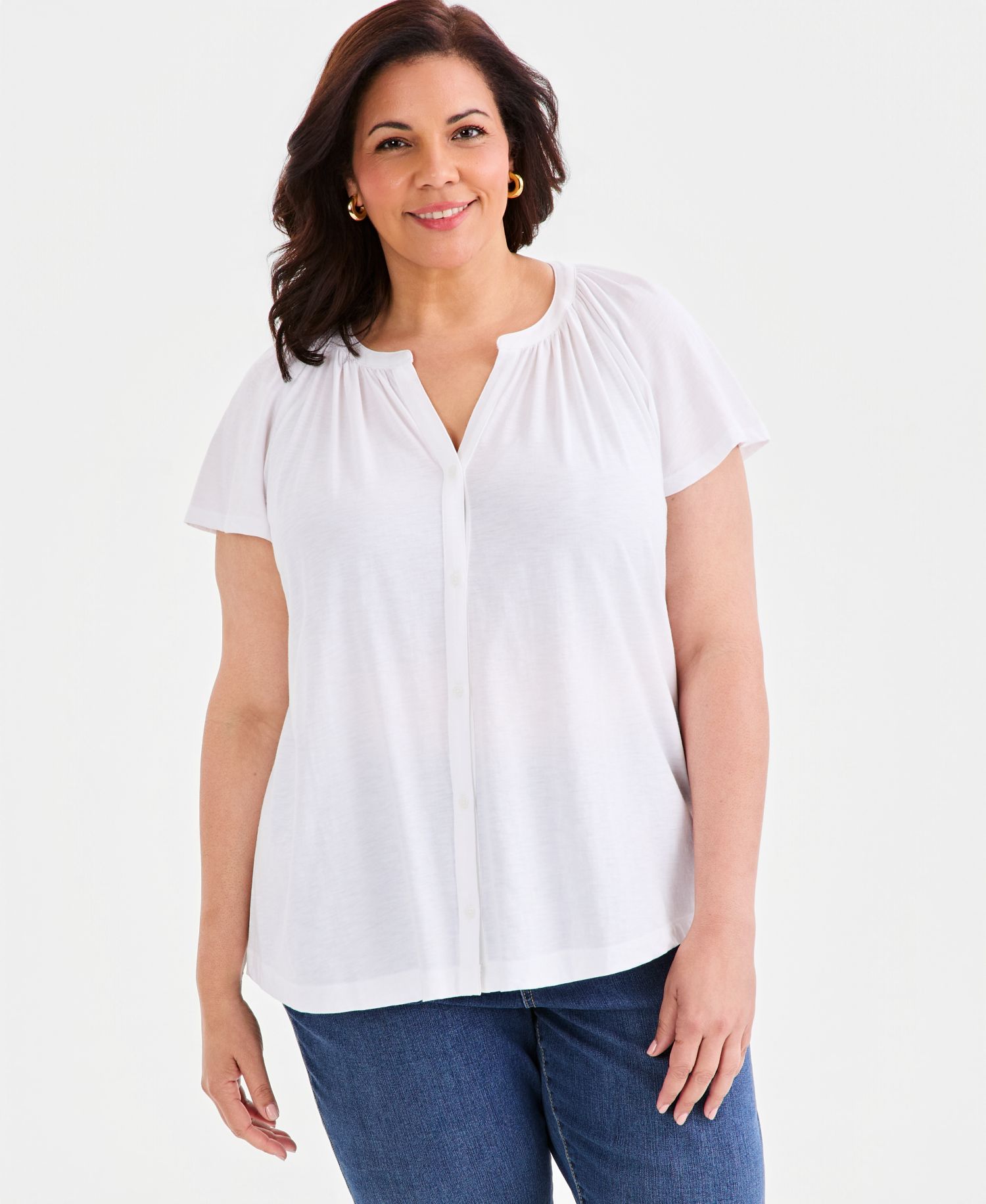 Plus Size Flutter-Sleeve Button-Front Top