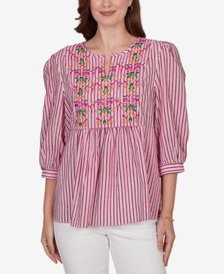 Petite Embroidered Placket Stripe Top