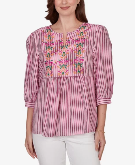 Petite Embroidered Placket Stripe Top - Fuchsia Multi