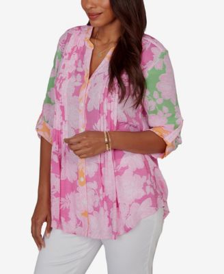 Petite Color-Block Floral Pintuck Gauze Top