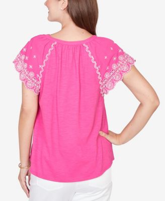 Petite Embroidered Sleeve Slub Knit T-Shirt