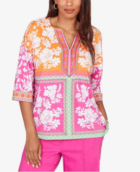 Petite Embroidered Placket Patchwork Knit Top - Fuchsia Multi