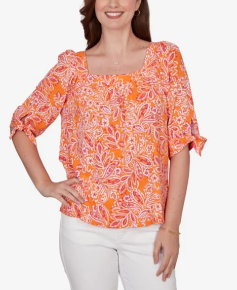 Petite Paisley Print Tie-Sleeve Knit Top - Mandarin Multi