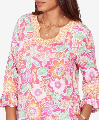 Petite Floral Puff Print Ruffle-Sleeve Knit Top