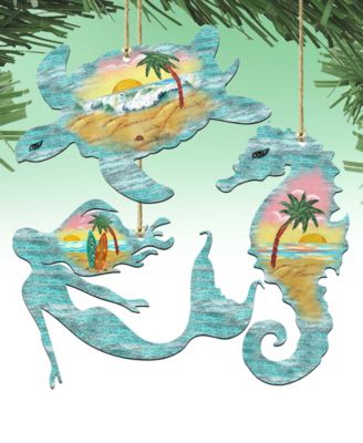 Sea Turtle, Mermaid, Seahorse Holiday Ornaments, Set of 3