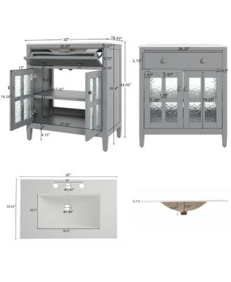 30" Bathroom Vanity with Sink, Modern Solid Wood Cabinet with Textured Glass Doors, Flip-Out Tray & Adjustable Shelf