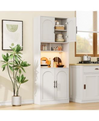 Tall Pantry Cabinet with Countertop, Kitchen Cabinets with LED Light Strip & Microwave Shelf