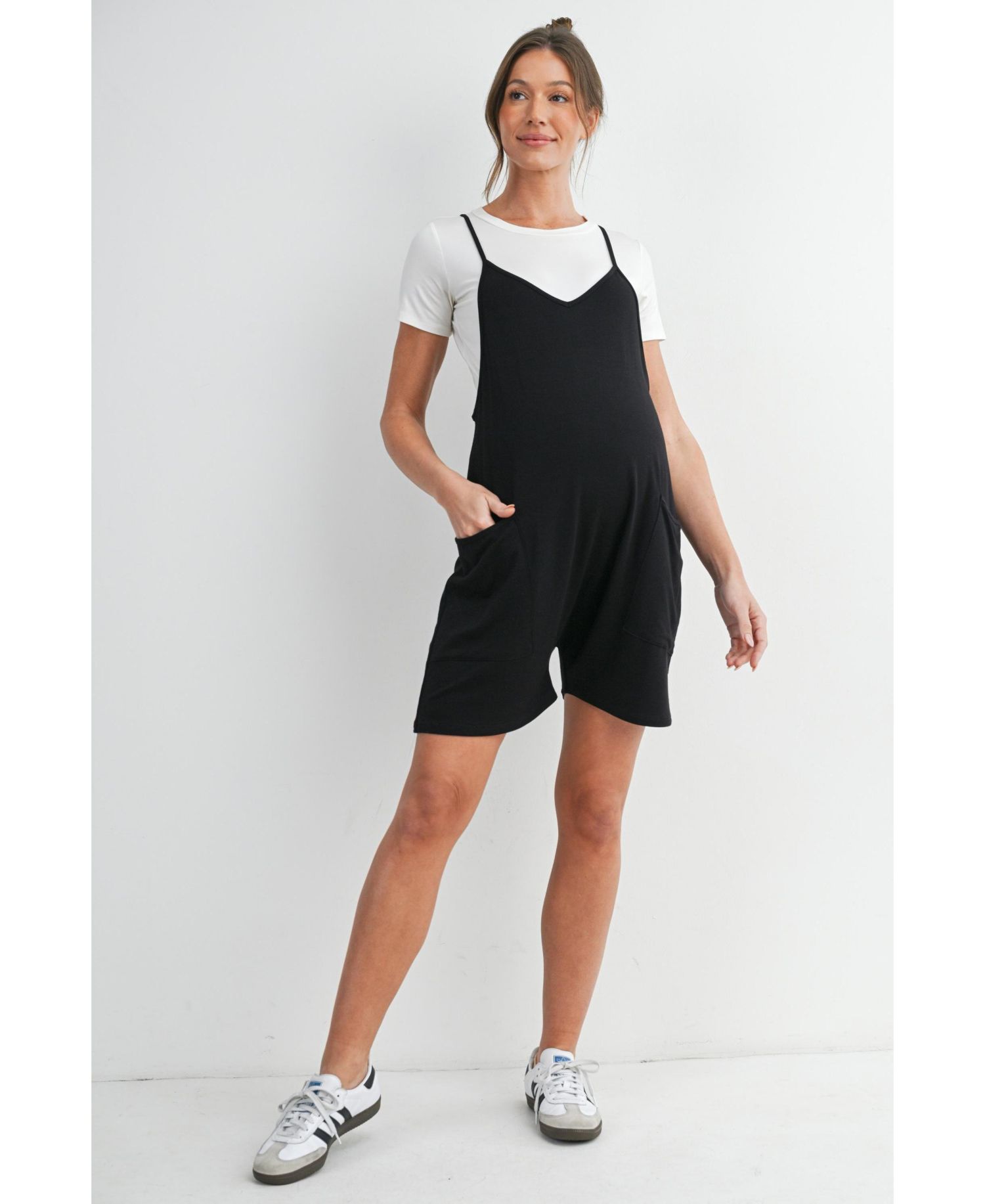 Maternity Sleeveless Loose Fit V-Neck Romper with Pockets and Adjustable Straps
