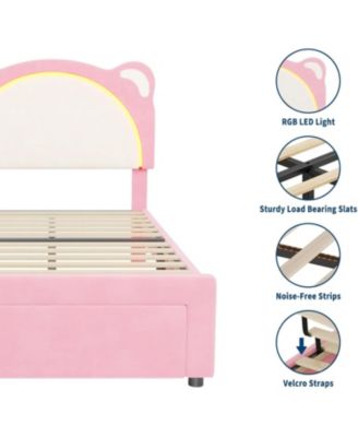  Kids Velvet Bed Frame with LED Lights, Adjustable Bear Headboard , Under-Bed Storage, Solid Wood Slats, Noise-Free