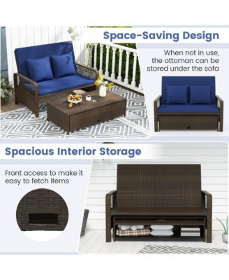 Patio Rattan Daybed Wicker Loveseat Sofa w/ Multifunctional Ottoman