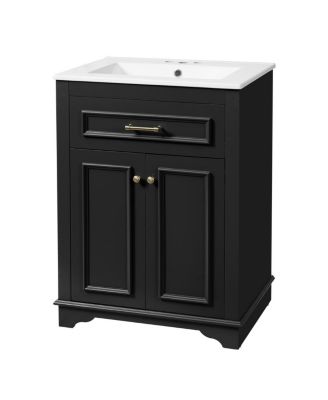 24" Bathroom Vanity with Ceramic Sink, Modern Freestanding MDF Cabinet, Tip-Out Drawer Soft Close Door for Small Bathrooms