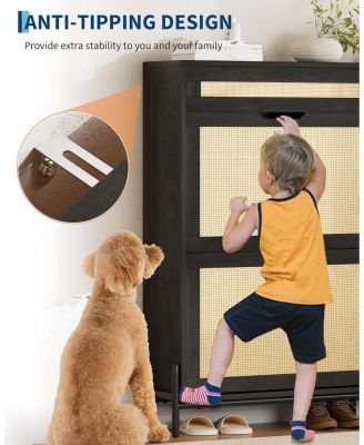 Farmhouse Rattan Shoe Cabinet 3-Tier Slim Wooden Shoe Rack with 3 Drawers and Adjustable Shelves