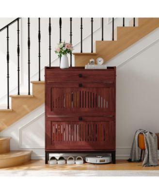 Modern Wooden Shoe Storage Cabinet – 2 Turn Drawers, Large Top Drawer, Adjustable Shelves, Hidden Organizer, Anti-Tipping