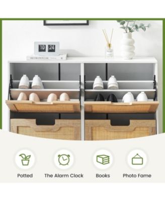 Rattan Shoe Cabinet Narrow Organizer with 4 Flip Drawers Freestanding Shoe Rack with Metal Legs Entryway