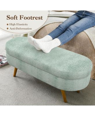 Oval Storage Ottoman Bench - Upholstered End of Bed Bench with Safety Hinge Flip Top and Solid Wood Legs for Bedroom (Cyan)