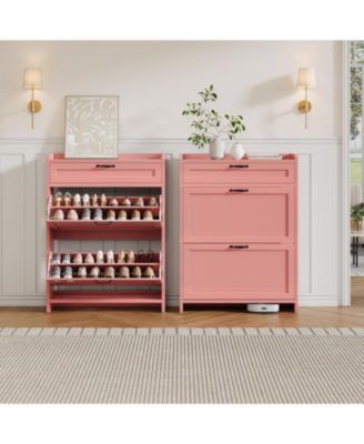Shoe Cabinet with 2 Flip Drawers & 1 Top Drawer, High-Gloss Painted Wood Shoe Organizer with Adjustable Shelves