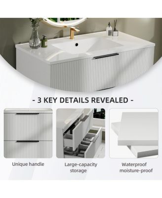 36" Wall Mounted Bathroom Vanity with Ceramic Sink, Fluted MDF Cabinet & Drawers for Modern Bathrooms