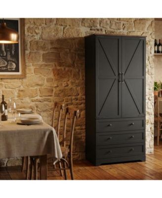 Farmhouse Kitchen Pantry Cabinet - 72" Tall Large Wood Kitchen Storage Cabinets with Adjustable Shelves & 2 Barn Doors & 3 Drawer