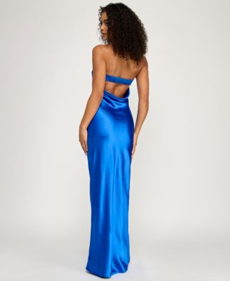 Juniors' Strapless Drape-Back Satin Gown