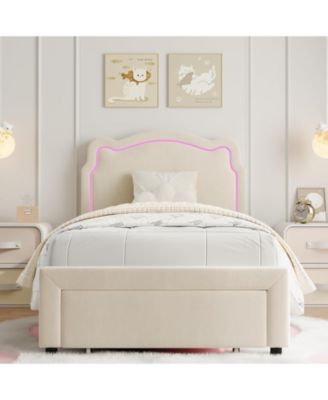  Upholstered Velvet Bed Frame with Storage Drawer, Adjustable Headboard, Wood Slats Support, No Box Spring Needed