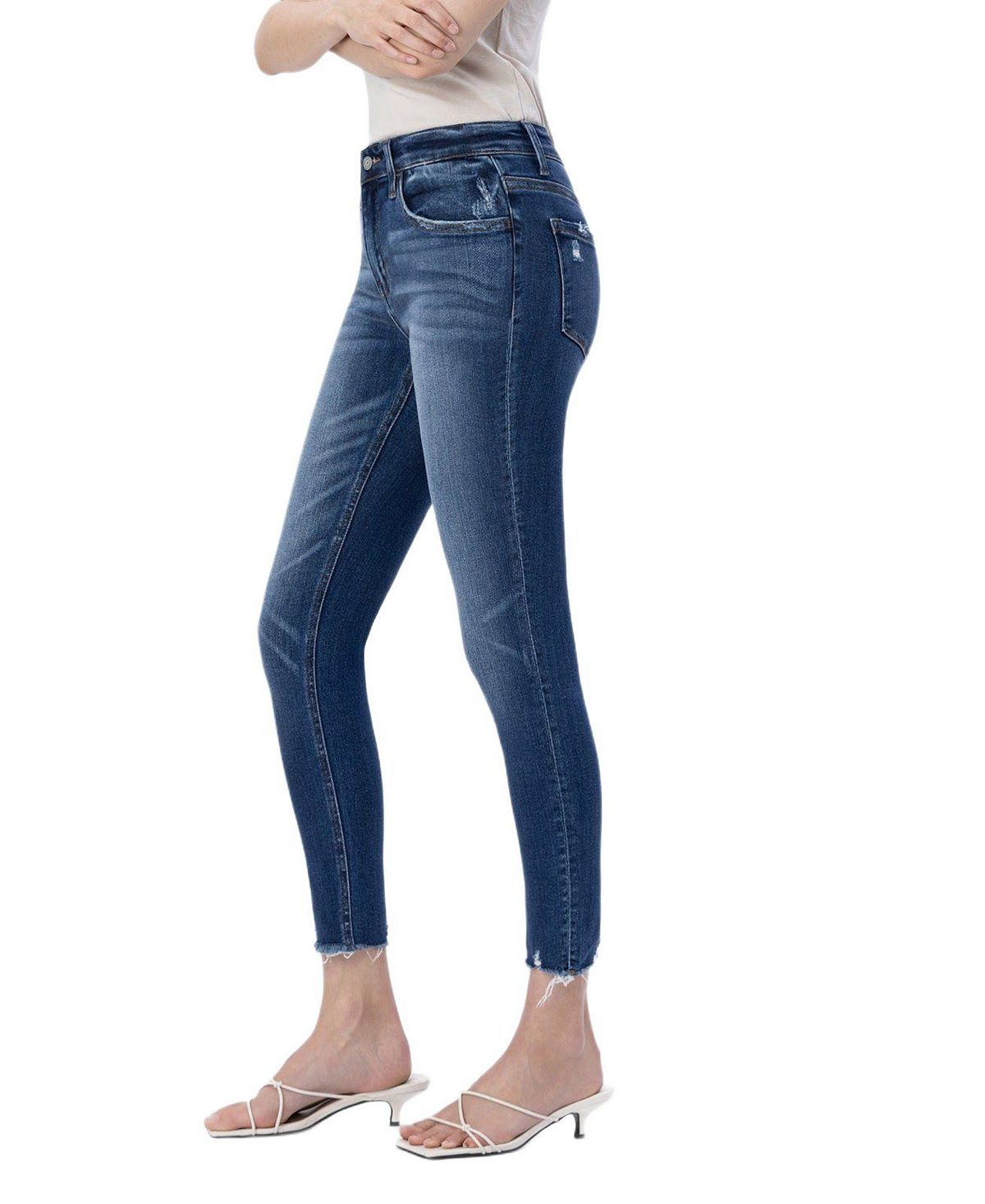 Vervet Women's Mid Rise Raw Distressed Hem Crop Skinny Jeans view 3 — MAYCSS fashion products
