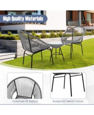 3 Pieces Acapulco Chair Set Wicker Conversation Bistro Set w/ Tempered Glass Table