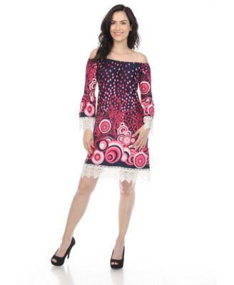 Women's Off-The-Shoulder Printed Bell-Sleeve Lace Hem Dress