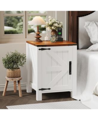 Bedside Table with USB Charging Station – 18" Rustic Bedside Table with Sliding Barn Door, Adjustable Shelf