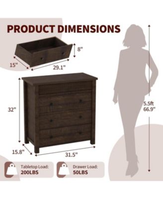 3-Drawer Nightstand Dresser for Bedroom, Wooden Chest of Drawers with Fluted End Table Design