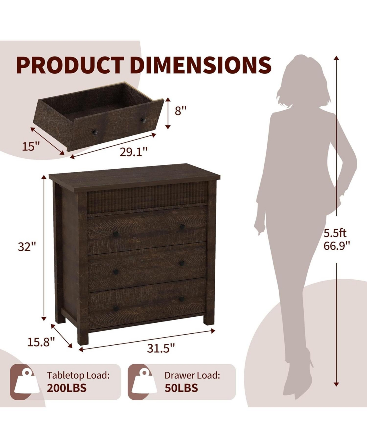 gaomon 3-Drawer Nightstand Dresser for Bedroom