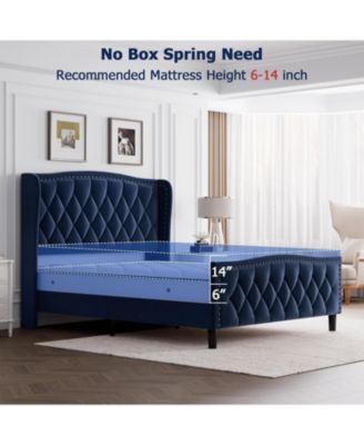 Full Size Velvet Wingback Platform Bed Frame Upholstered Headboard, No Box Spring Needed