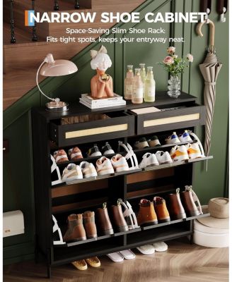 Freestanding Wooden Rattan Shoe Cabinet with 4 Flip Drawers and 2 Top Drawers