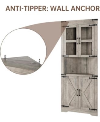 Tall Corner Cabinet Glass Door Adjustable Shelves Washed Grey for Kitchen and Bathroom